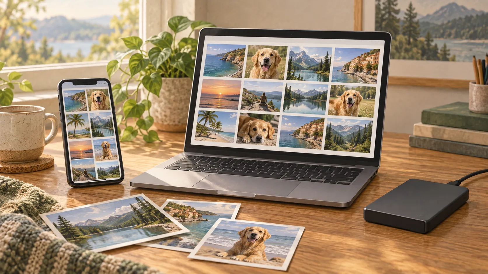 Illustratie van een telefoongalerij naast een computer, externe schijf en afgedrukte foto’s.